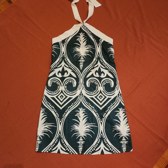Women’s Green & White Sleeveless Halter Midi Sheath Dress Hawaiian Roman Summer - Picture 1 of 9